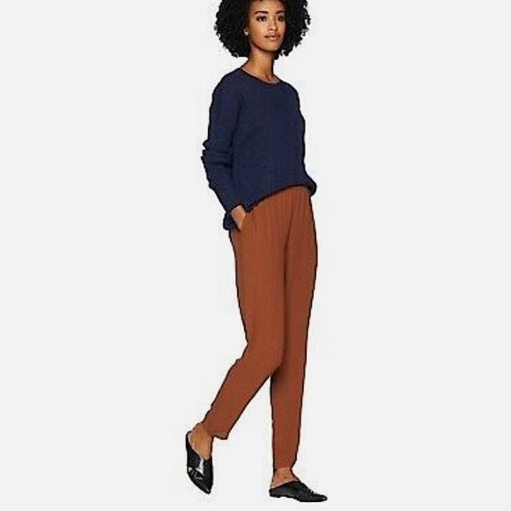 New Eileen Fisher XL Silk Georgette Slouchy Ankle Pants Nutmeg Brown Pockets